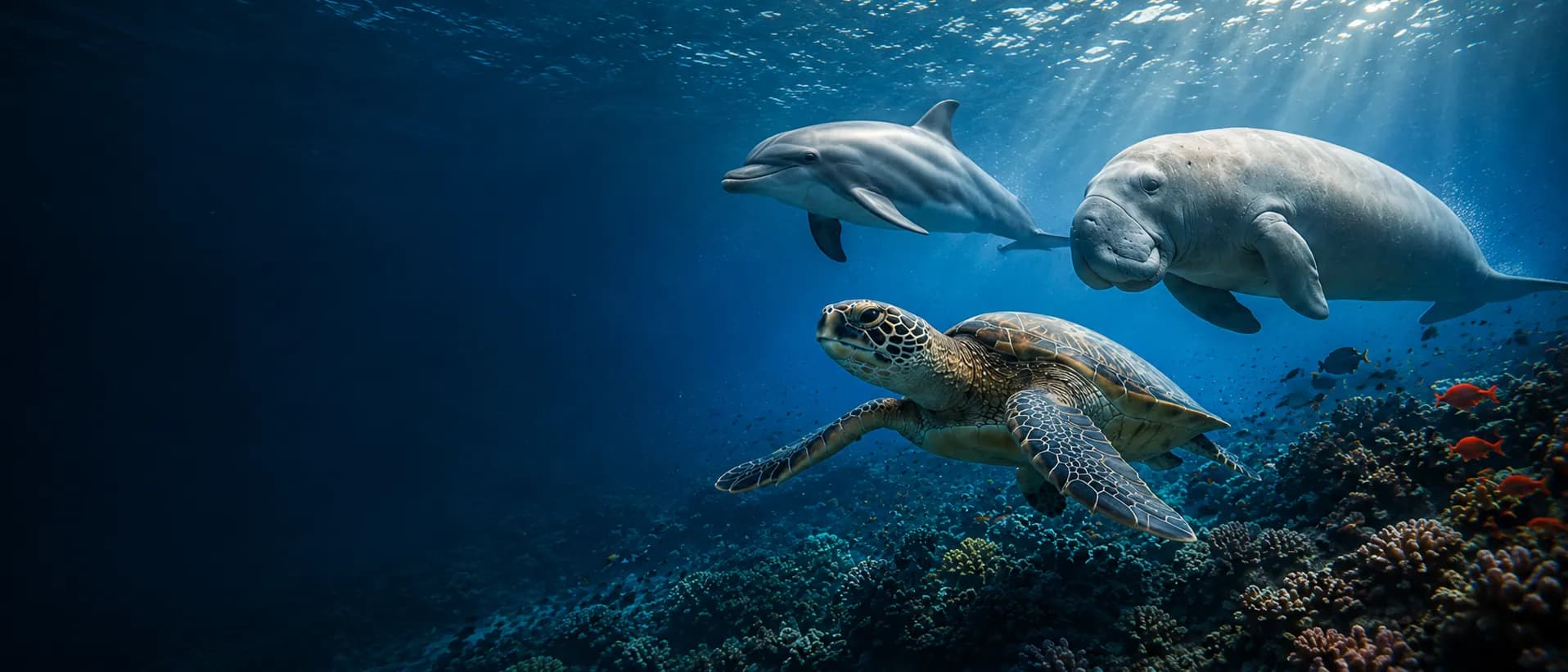 Sea turtle, dolphin and dugong together in the Red Sea
