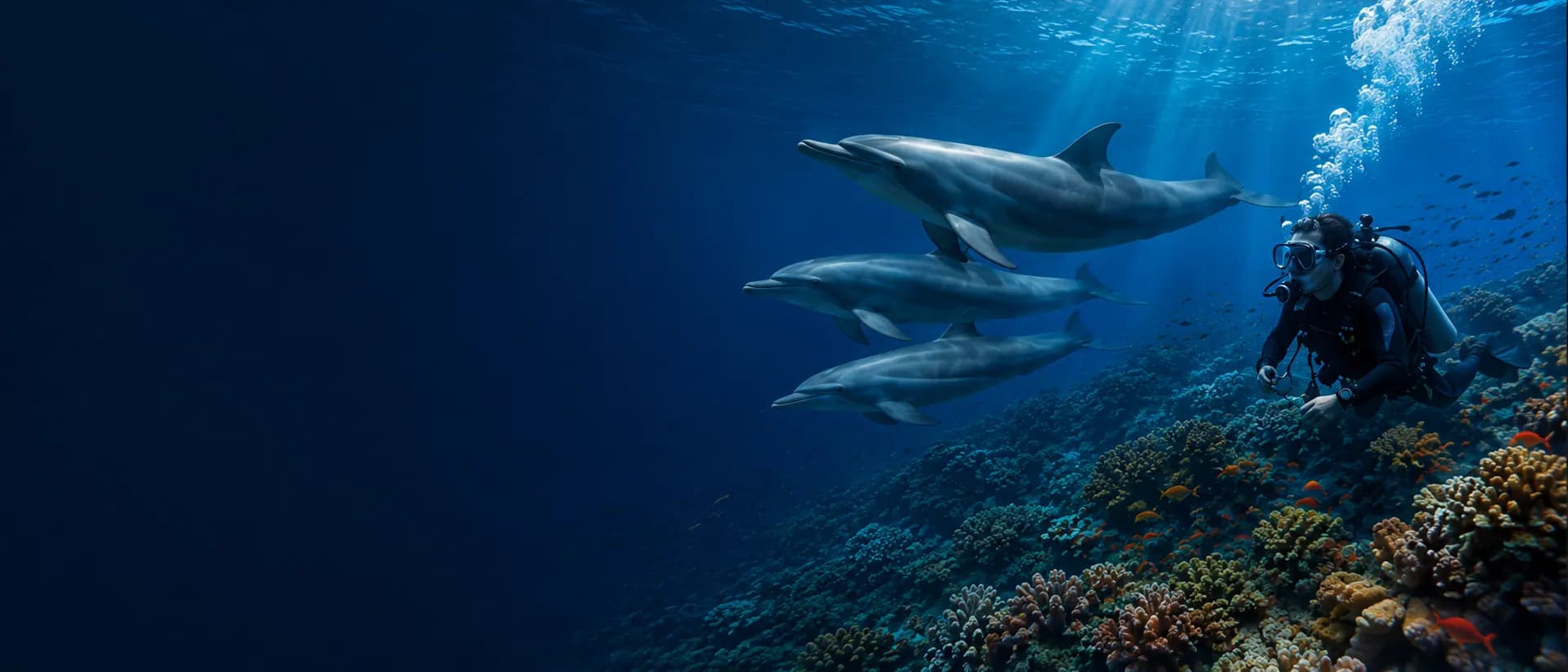 Diver and pod of dolphins underwater in Marsa Alam