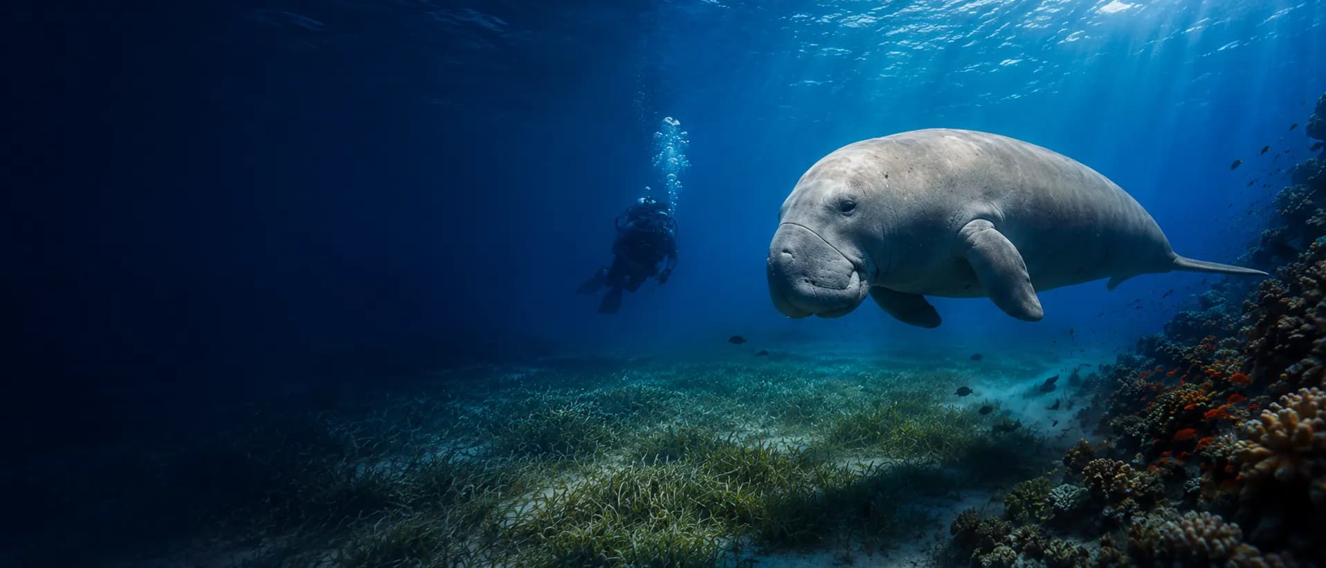 Dugong and diver in seagrass meadow at Marsa Mubarak
